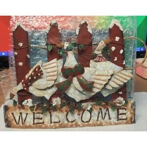 Welcome Door Sign, Metal Winter Geese, Christmas Snow- Hanging Sign